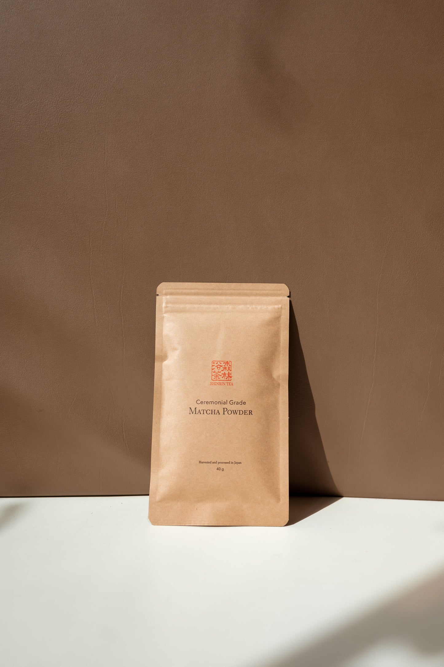 Shinrin Tea Matcha in Packaging with Brown and White Background